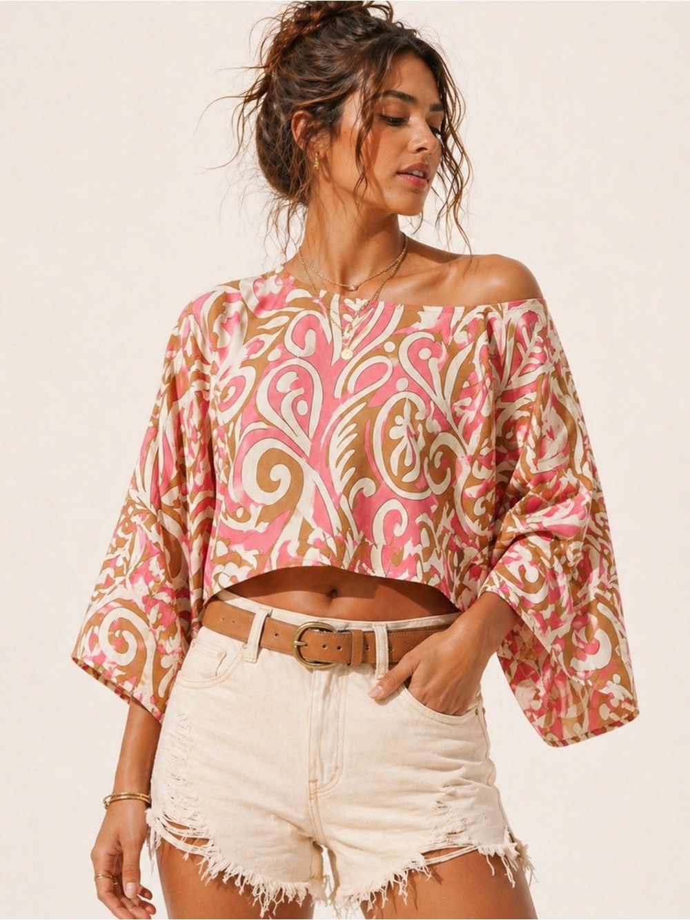 Organic Linen Boho Retro Print Crop Top Off-Shoulder Wide Sleeve Summer Blouse